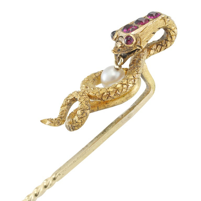 Stick Pin Snake Victorian Ruby and Pearl Snake Stick-Pin For Sale at 1stDibs
