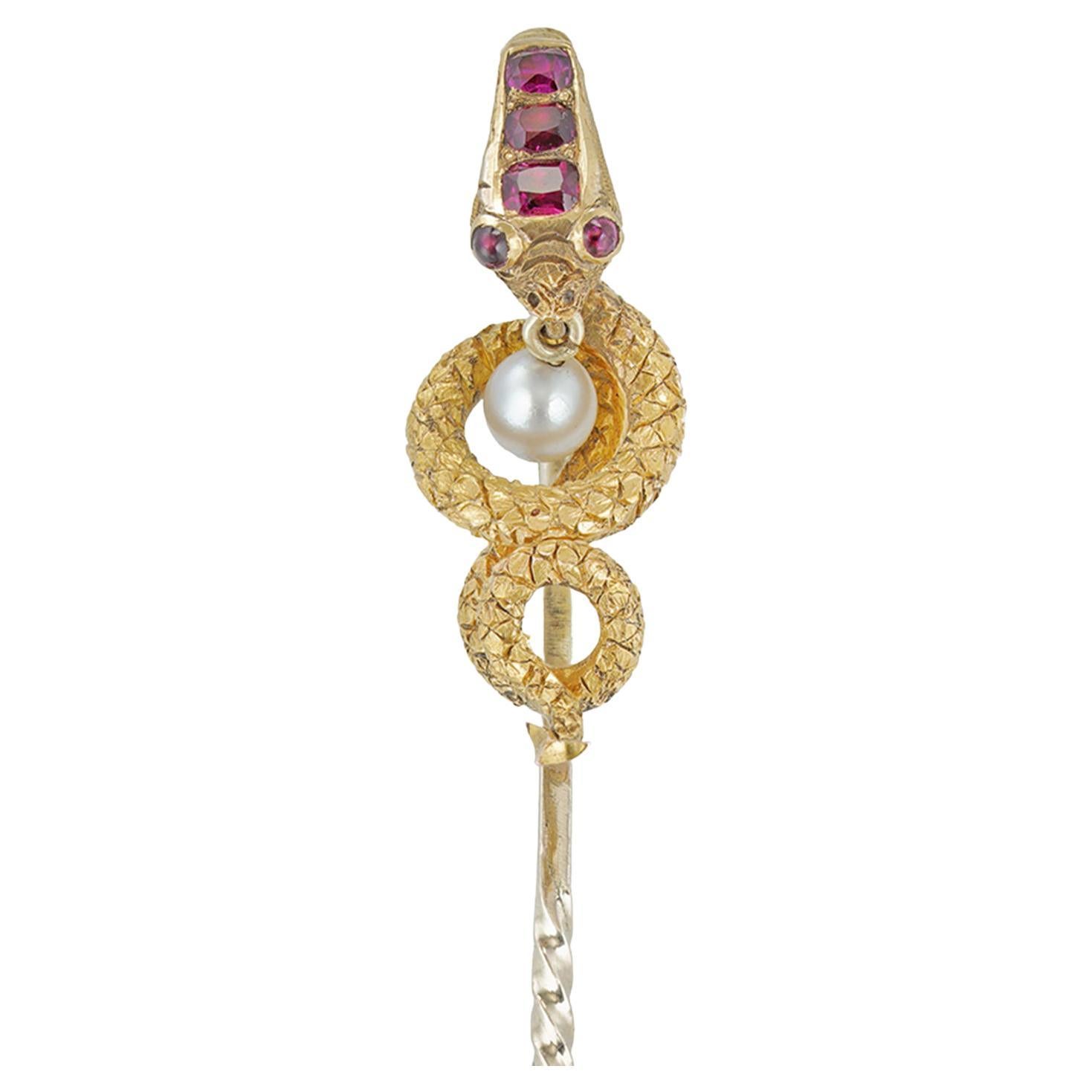 Victorian Ruby and Pearl Snake Stick-Pin