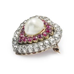 Victorian Ruby, Diamond and Pearl Heart Brooch