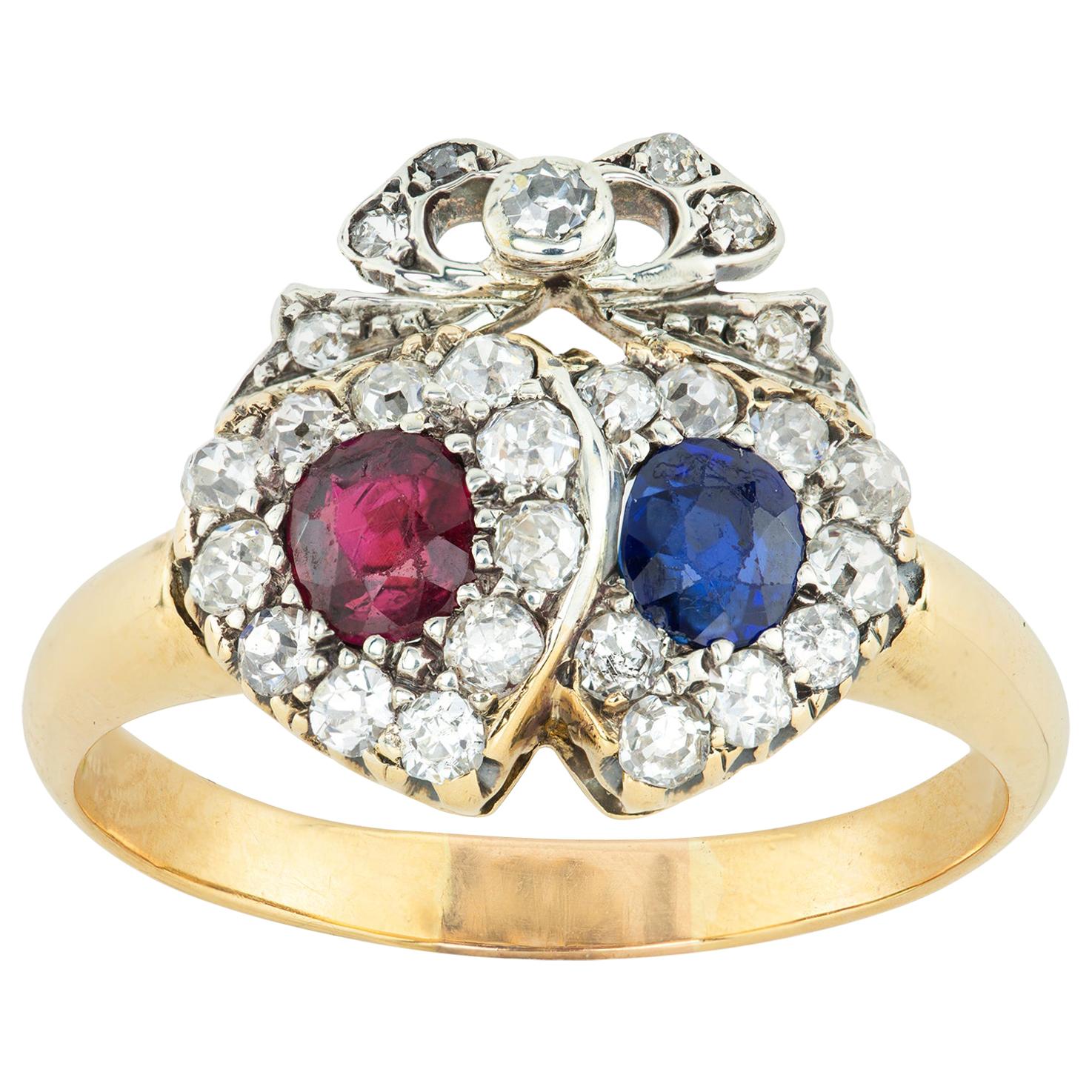 Victorian Ruby, Sapphire and Diamond Double Heart Ring