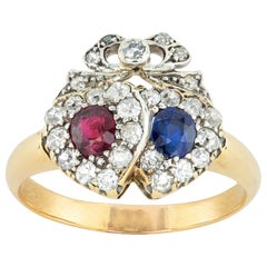 Antique Victorian Ruby, Sapphire and Diamond Double Heart Ring