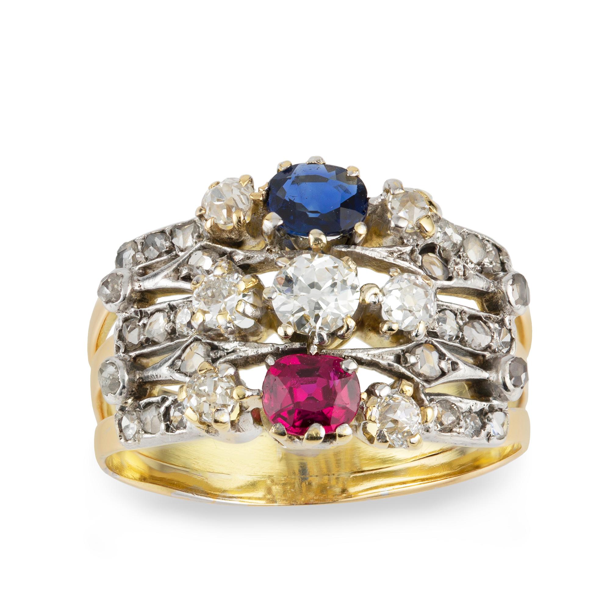 Victorian Ruby, Sapphire and Diamond Harem Ring In Good Condition In London, GB