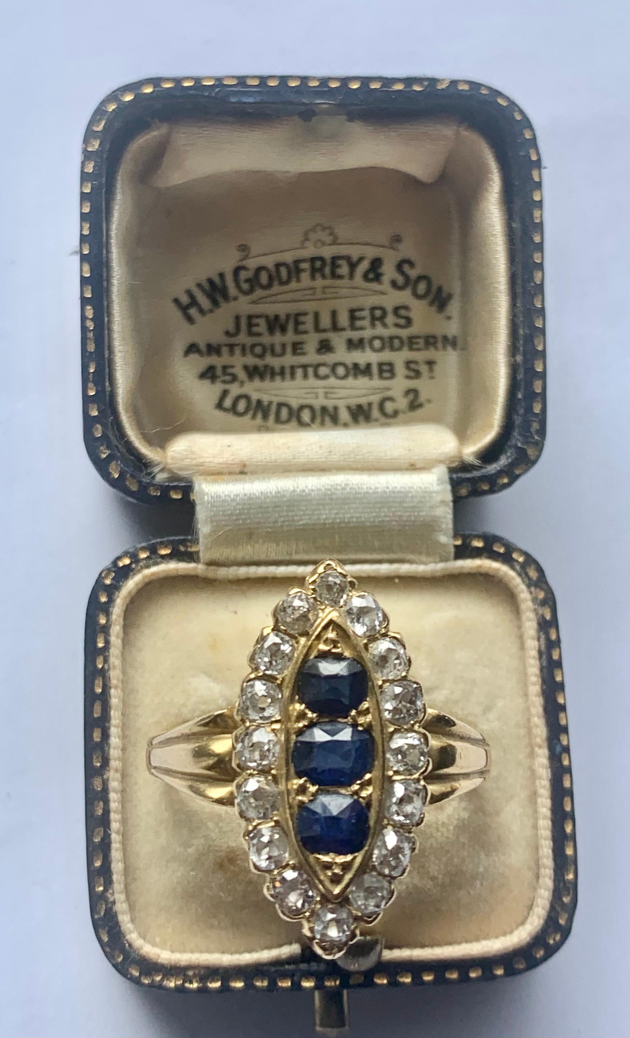 A Stunning high quality Navette Boat shaped Victorian Ring
3 Bright blue sapphires glitter with Rose Cut diamonds in this Victorian Navette style ring (meaning “Little Boat” in French.) Three antique sapphires are set in delicate square-shaped