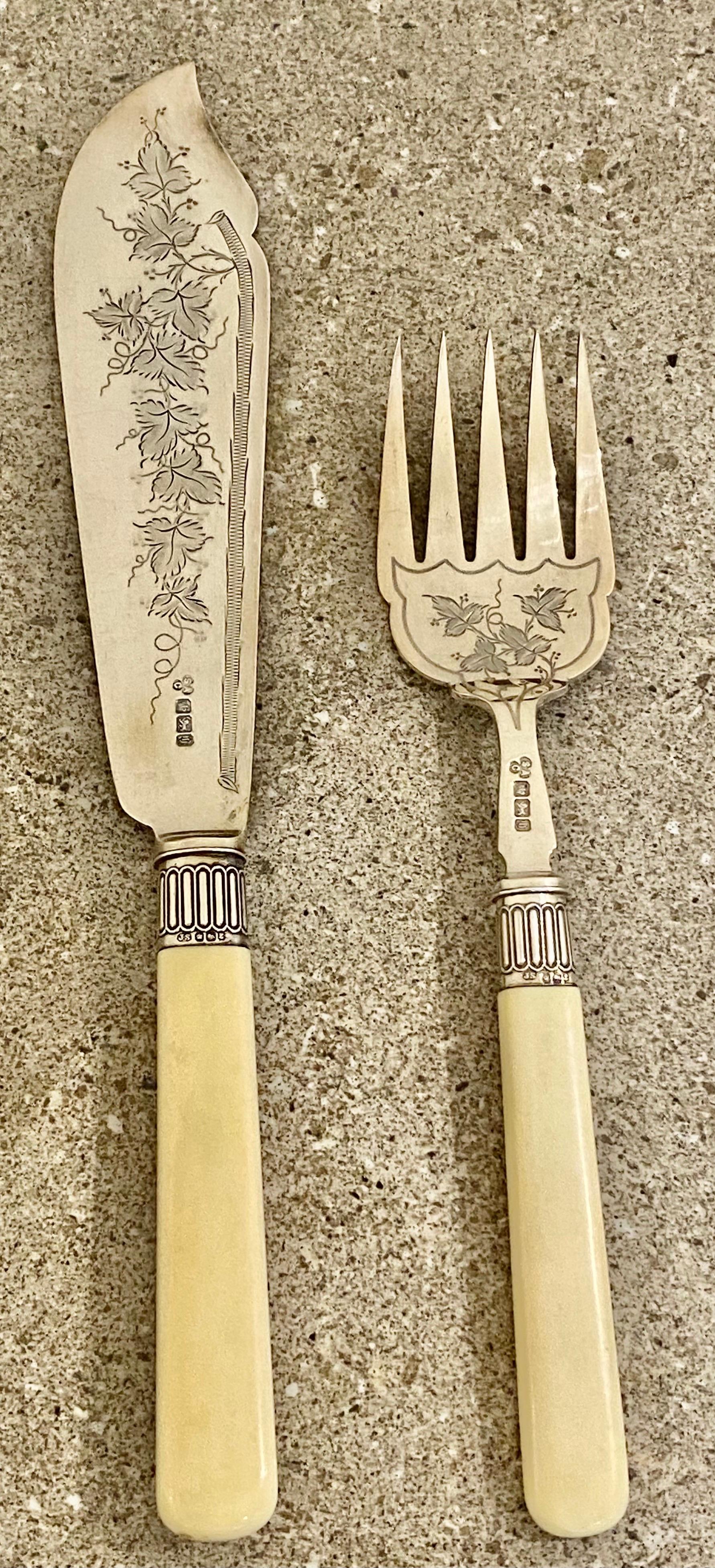 Early 20th Century Victorian Silver and Bone Canteen Fish Serving Fork and Knife Set For Sale