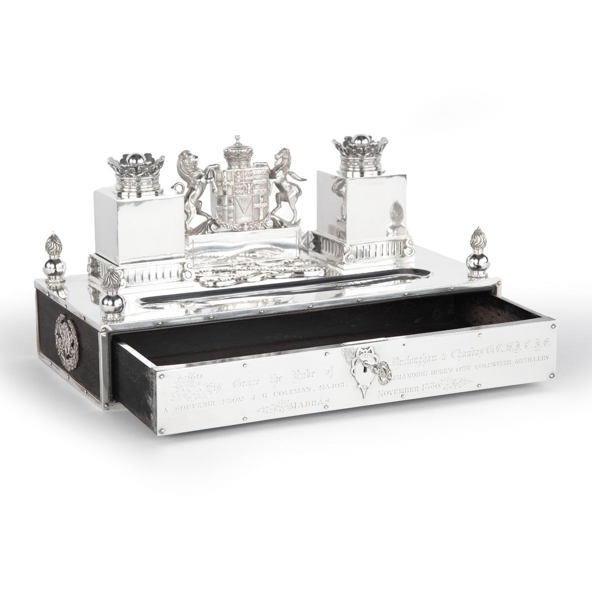 A Victorian Silver Inkstand made in Madras by Peter Orr and Sons in 1880 for Presentation to the 3rd Duke of Buckingham and Chandos, Governor of Madras and Convenor of the “Duke’s Own Volunteer Artillery” Upon his Leaving the Governorship and