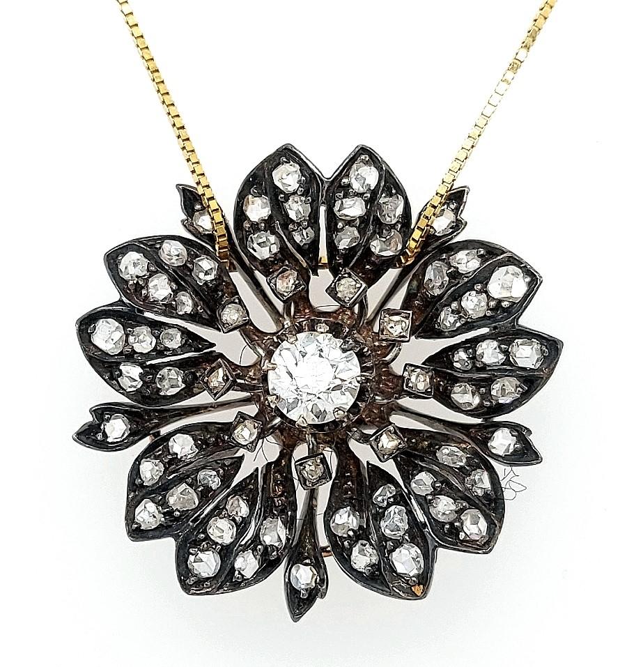 Victorian Silver on Gold Diamond Flower Brooch or Pendant, circa 1860 For Sale 6