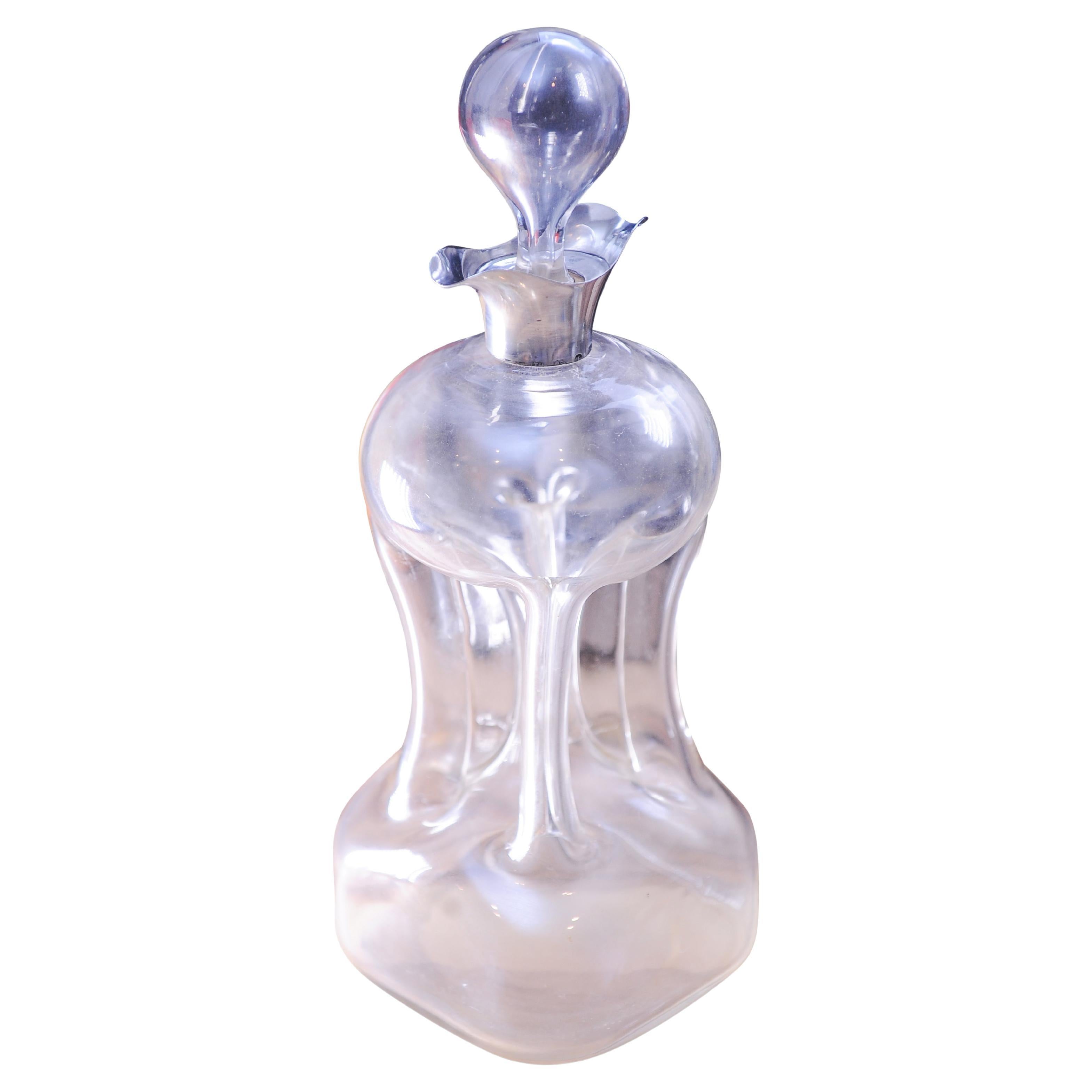 Viktorianischer Whiskey-Dekanter aus geblasenem Glas mit Silberauflage „Glug Glug“ 