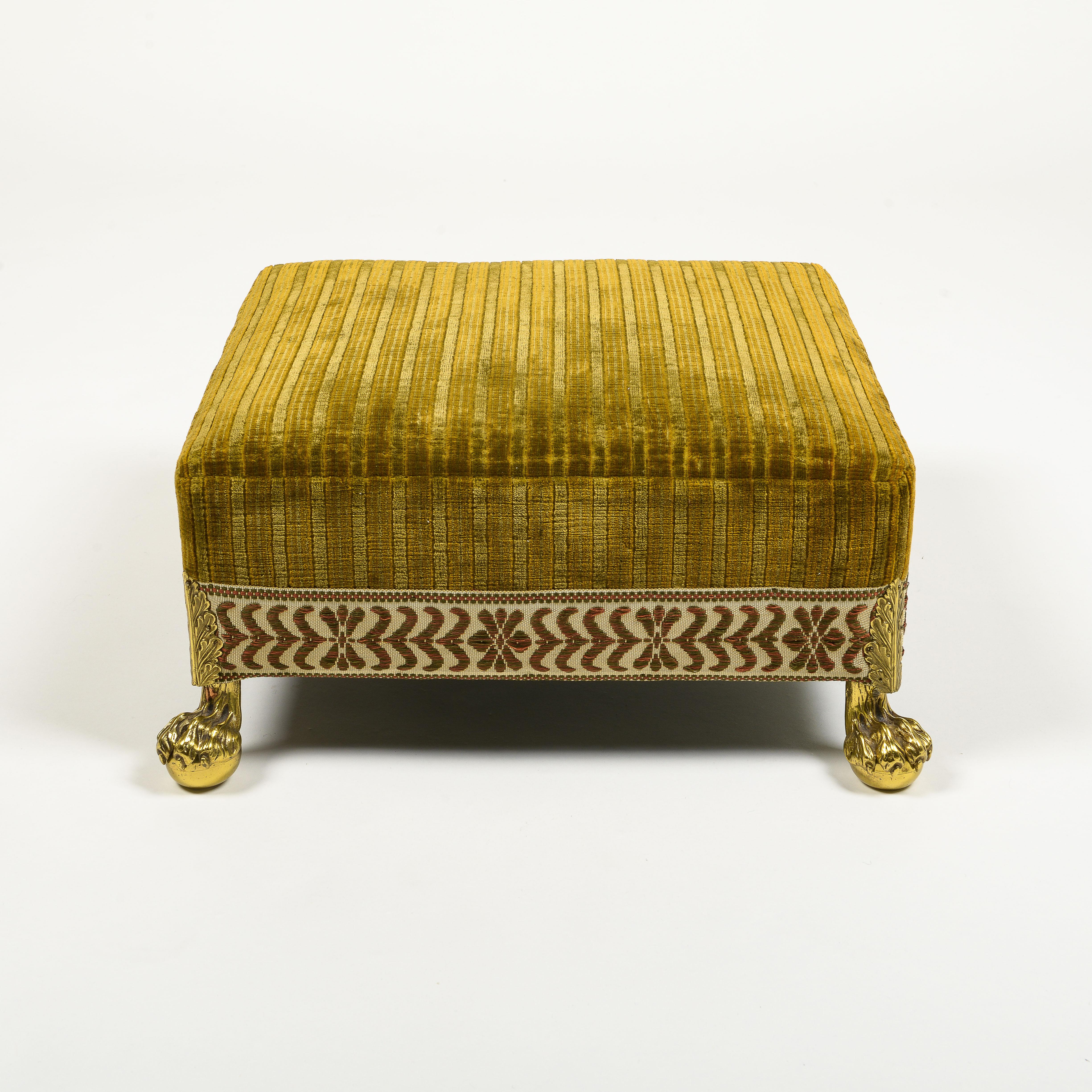 English Victorian Square Upholstered and Brass Foot Stool