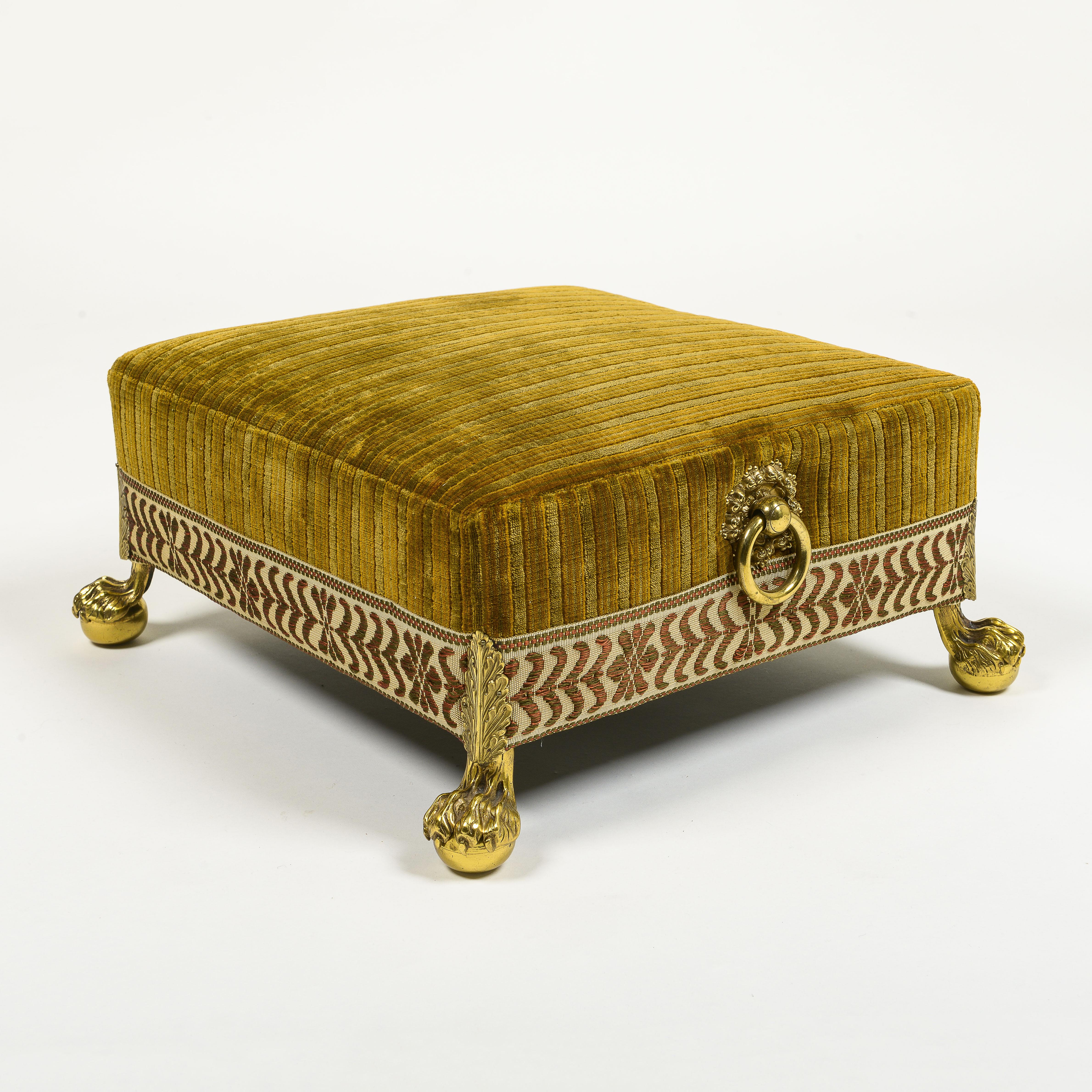 Victorian Square Upholstered and Brass Foot Stool In Excellent Condition In New York, NY