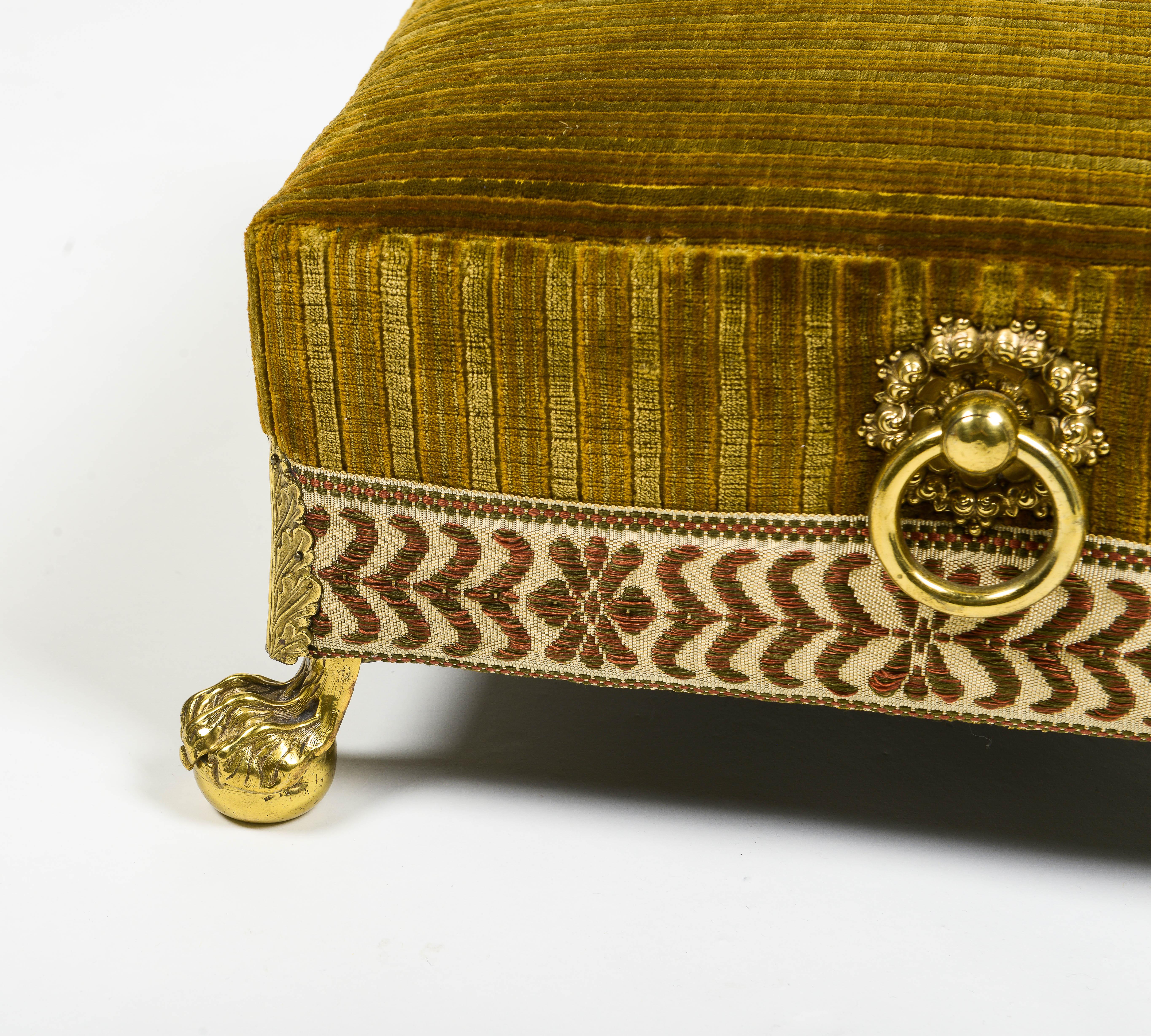 Mid-19th Century Victorian Square Upholstered and Brass Foot Stool