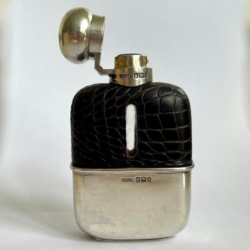 British Victorian Sterling Silver and Crocodile Skin Hip Flask, 1900 For Sale