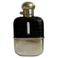 Antique Victorian Sterling Silver and Crocodile Skin Hip Flask, 1900
