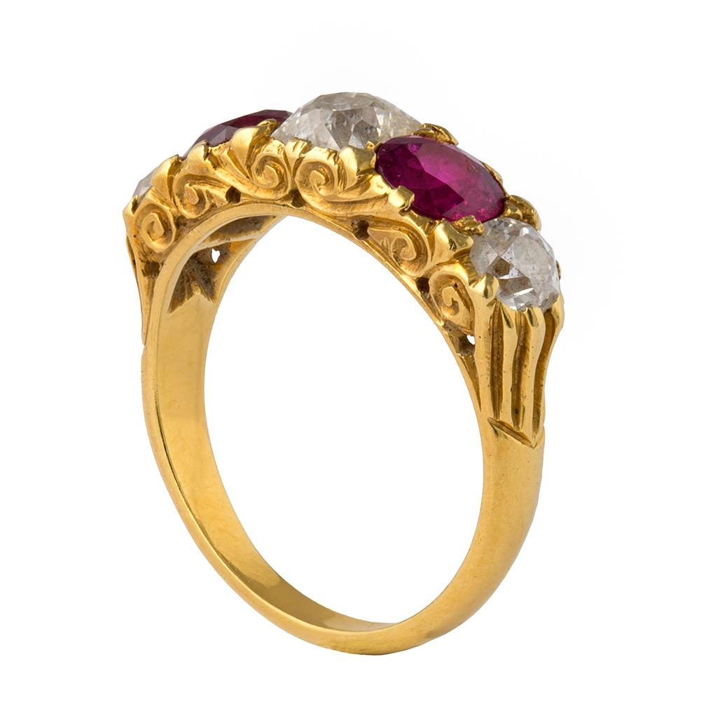 Brilliant Cut Victorian Style Five-Stone Ruby and Diamond Ring For Sale