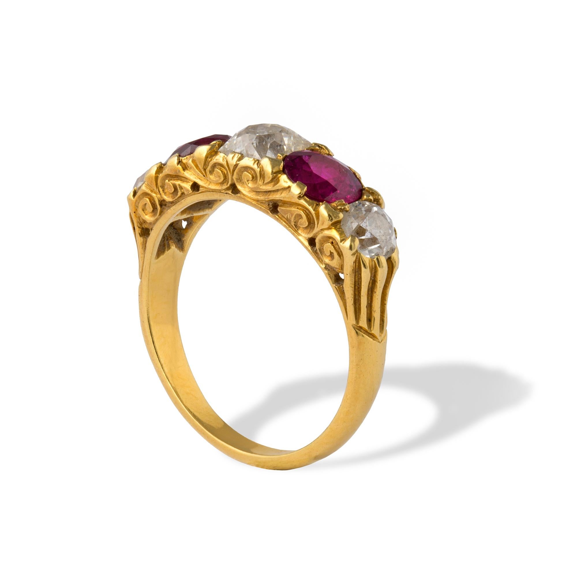 Women's or Men's Victorian Style Five-Stone Ruby and Diamond Ring For Sale