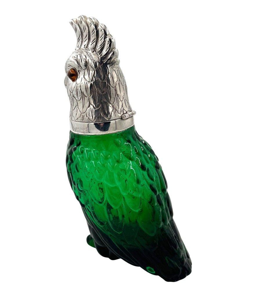 A Victorian style green glass, cockatoo decanter in silver plated cage For Sale 6