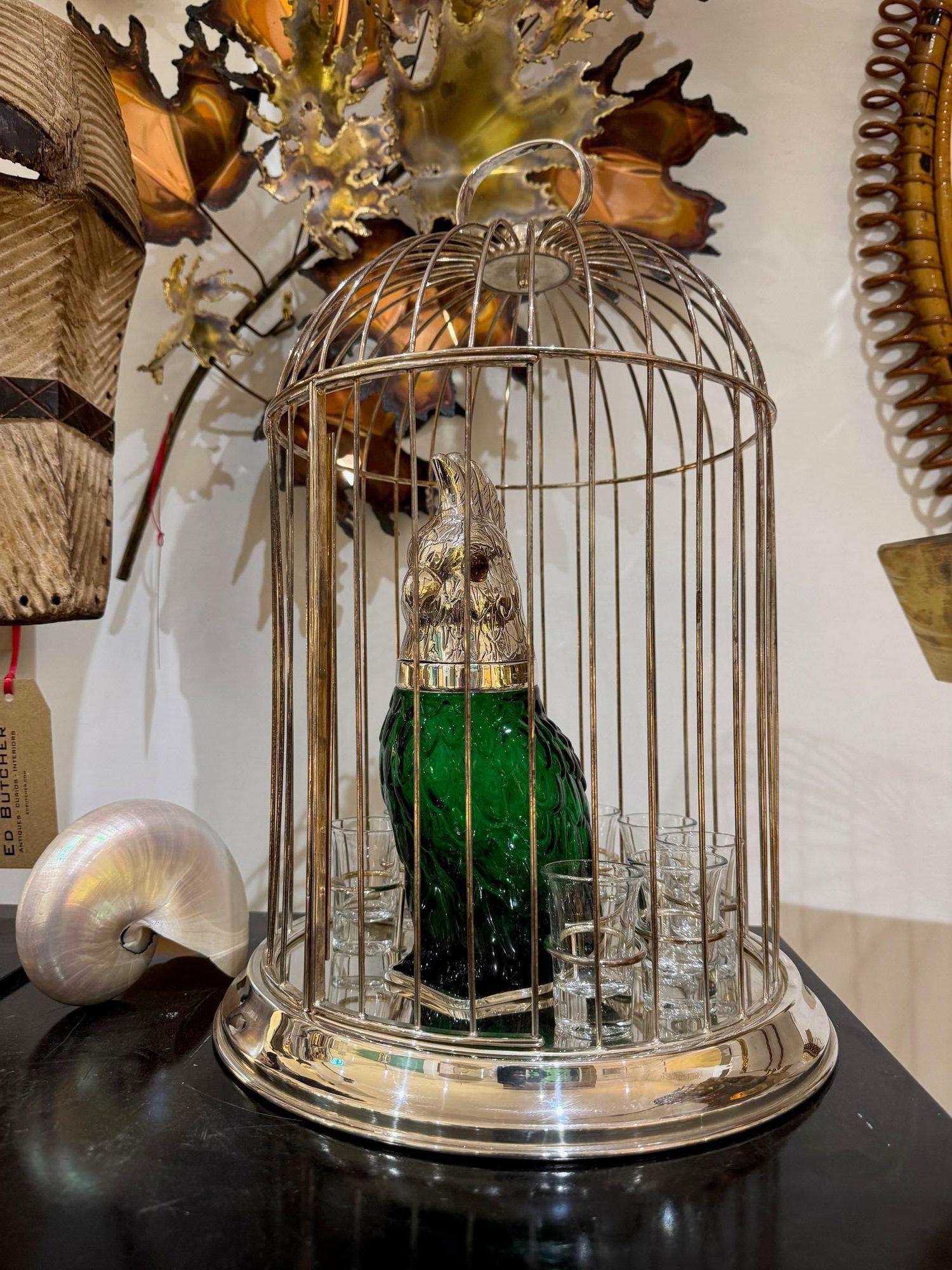 A Victorian style green glass, cockatoo decanter in silver plated cage For Sale 7