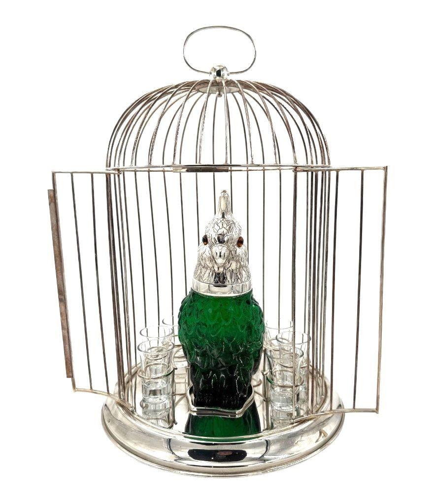 A Victorian style green glass, cockatoo decanter in silver plated cage For Sale 8
