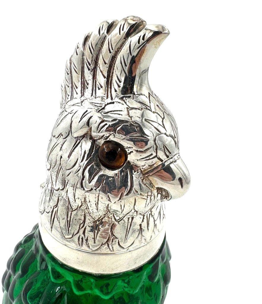 A Victorian style green glass, cockatoo decanter in silver plated cage For Sale 9