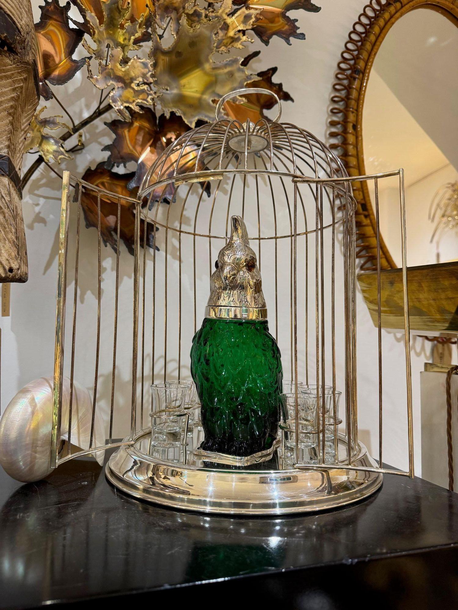 A Victorian style green glass, cockatoo decanter in silver plated cage For Sale 10