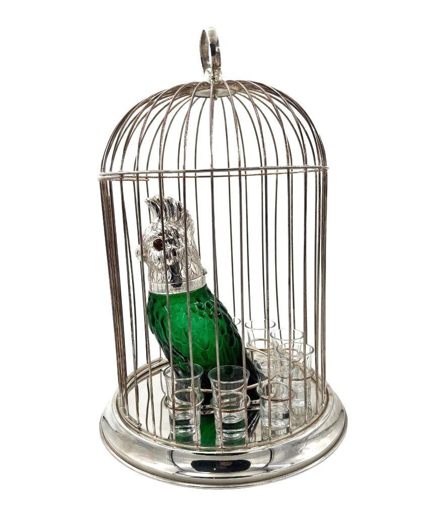 A Victorian style green glass, cockatoo decanter in silver plated cage For Sale 11