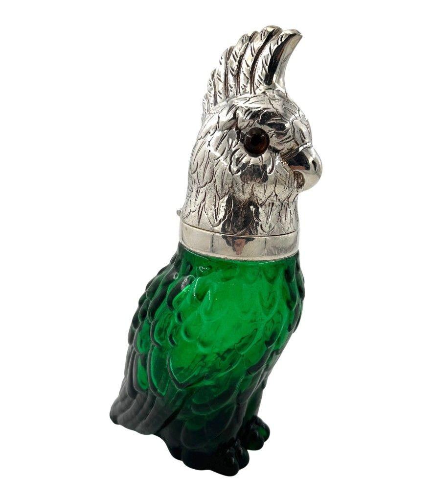 A Victorian style green glass, cockatoo decanter in silver plated cage For Sale 12