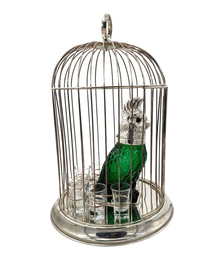 A Victorian style green glass, cockatoo decanter in silver plated cage For Sale 13