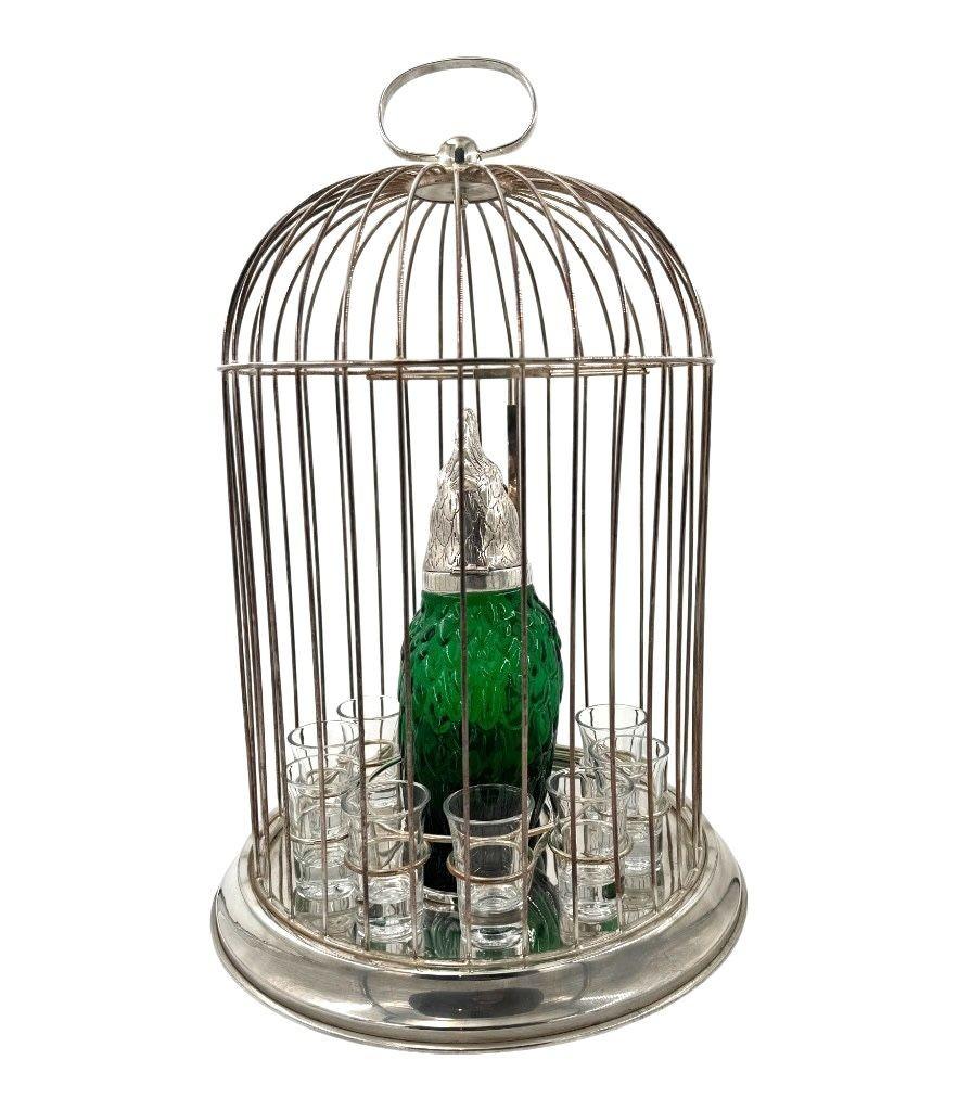 A Victorian style green glass, cockatoo decanter in silver plated cage For Sale 14