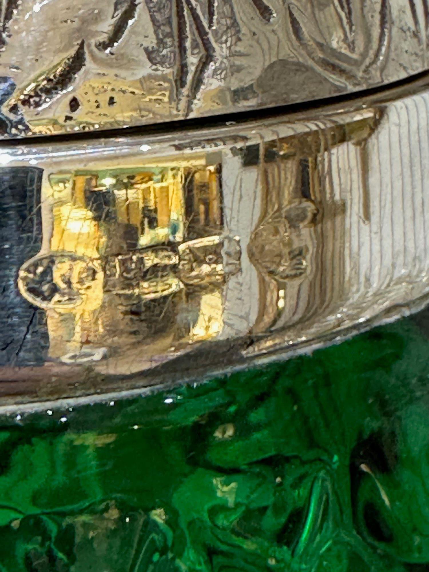 A Victorian style green glass, cockatoo decanter in silver plated cage For Sale 15