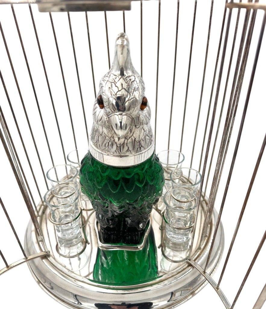 A Victorian style green glass, cockatoo decanter in silver plated cage In Good Condition For Sale In London, GB