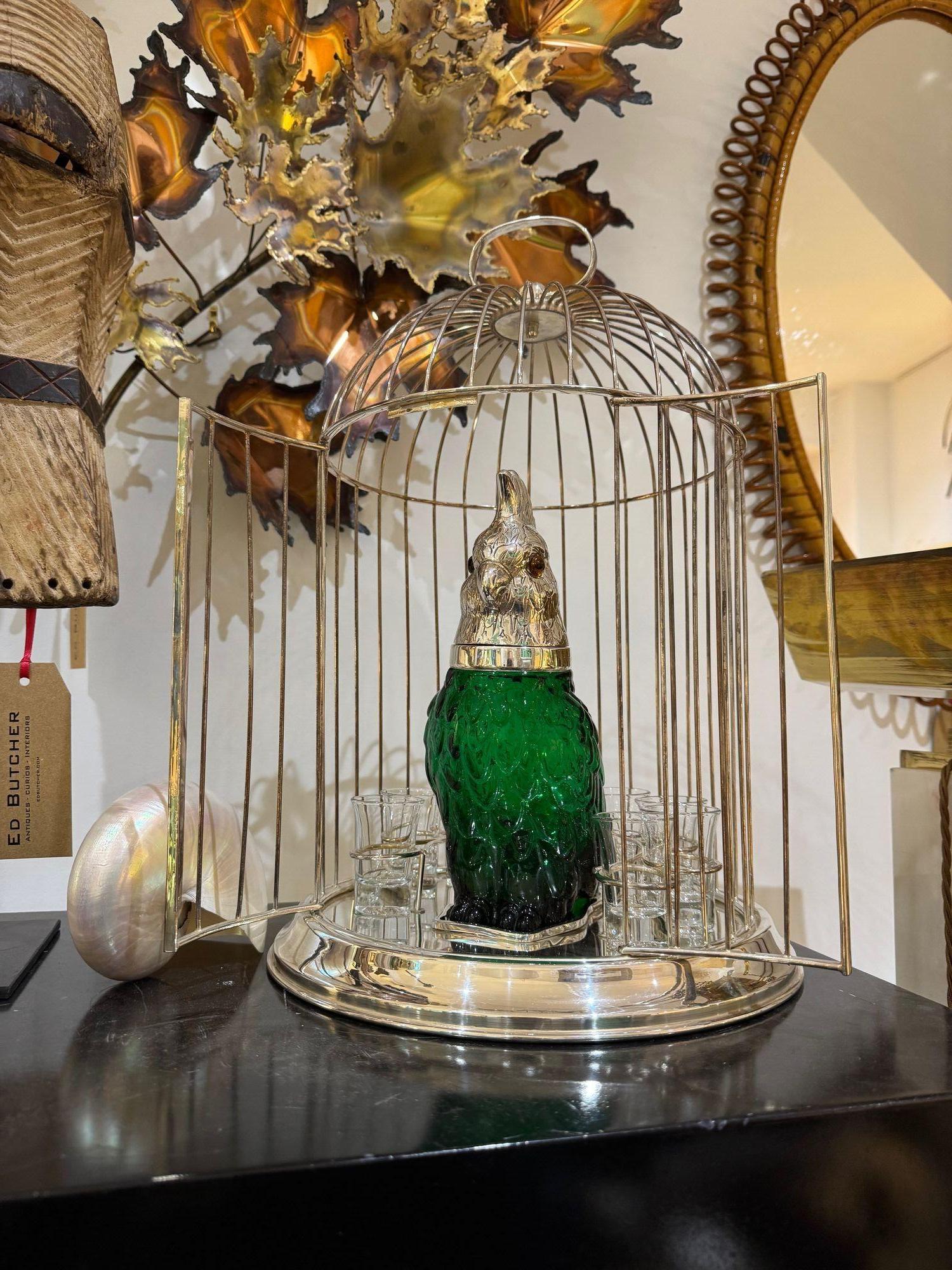 Mid-20th Century A Victorian style green glass, cockatoo decanter in silver plated cage For Sale