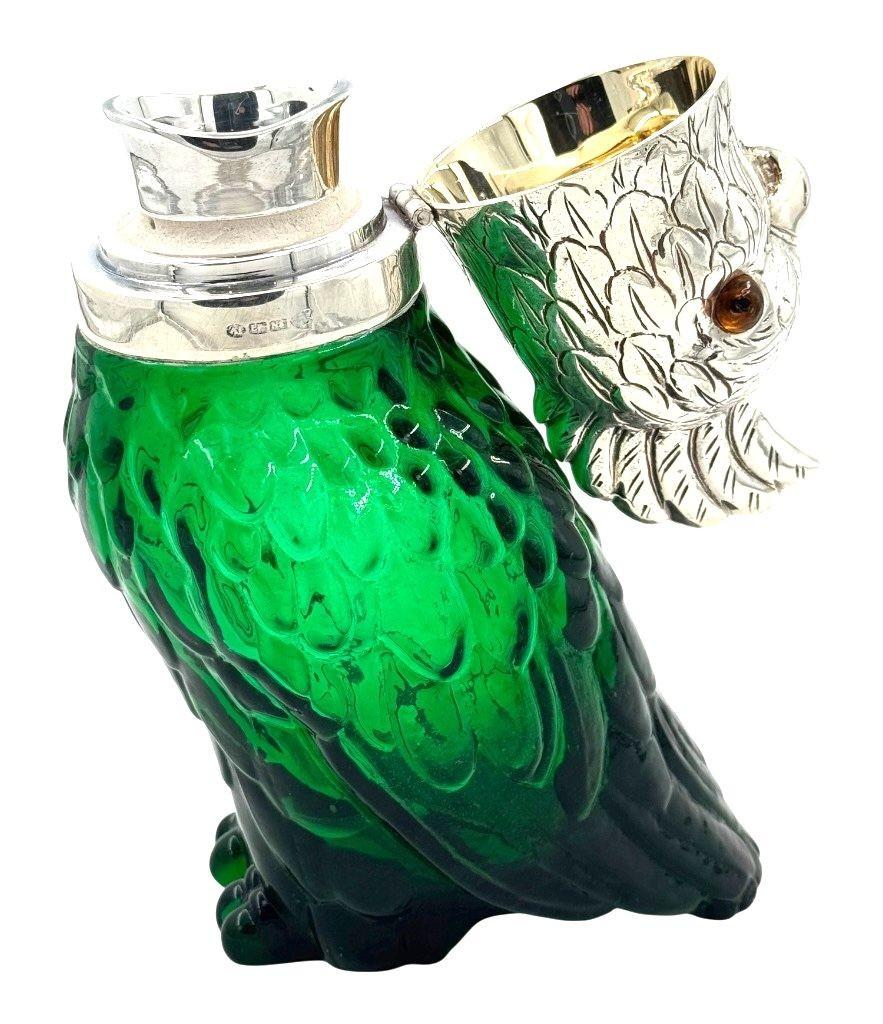 Silver Plate A Victorian style green glass, cockatoo decanter in silver plated cage For Sale