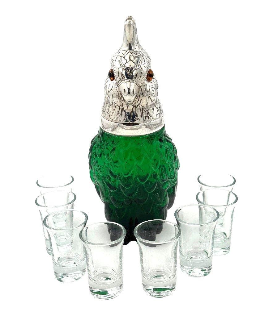 A Victorian style green glass, cockatoo decanter in silver plated cage For Sale 3