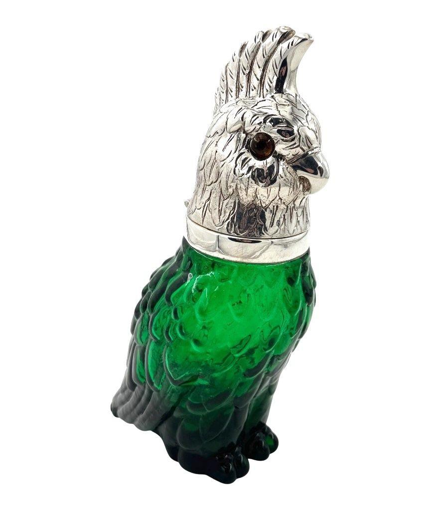 A Victorian style green glass, cockatoo decanter in silver plated cage For Sale 4