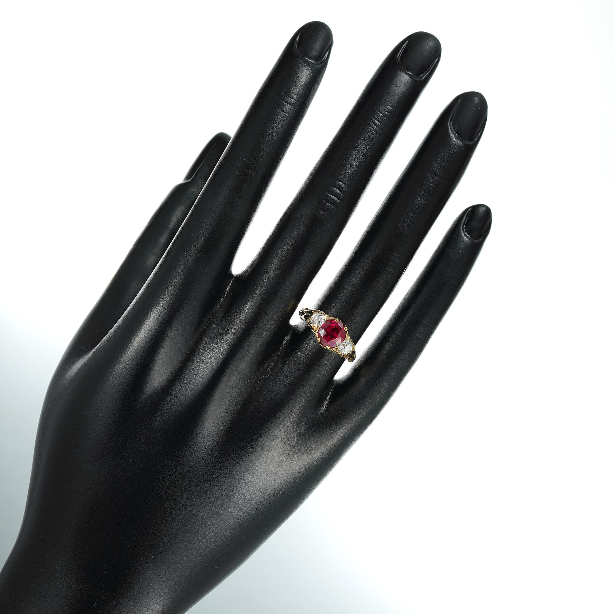 Oval Cut Victorian Style Three-Stone Ruby and Diamond Ring For Sale