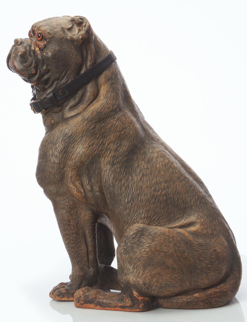 Modello vittoriano in terracotta di un bulldog, XIX secolo

Descrizione:
Il bulldog in scala grande, modellato in posizione seduta ma vigile, dipinto e dotato di occhi in vetro.

Provenienza: Collezione privata australiana.

Dimensioni:
Larghezza: