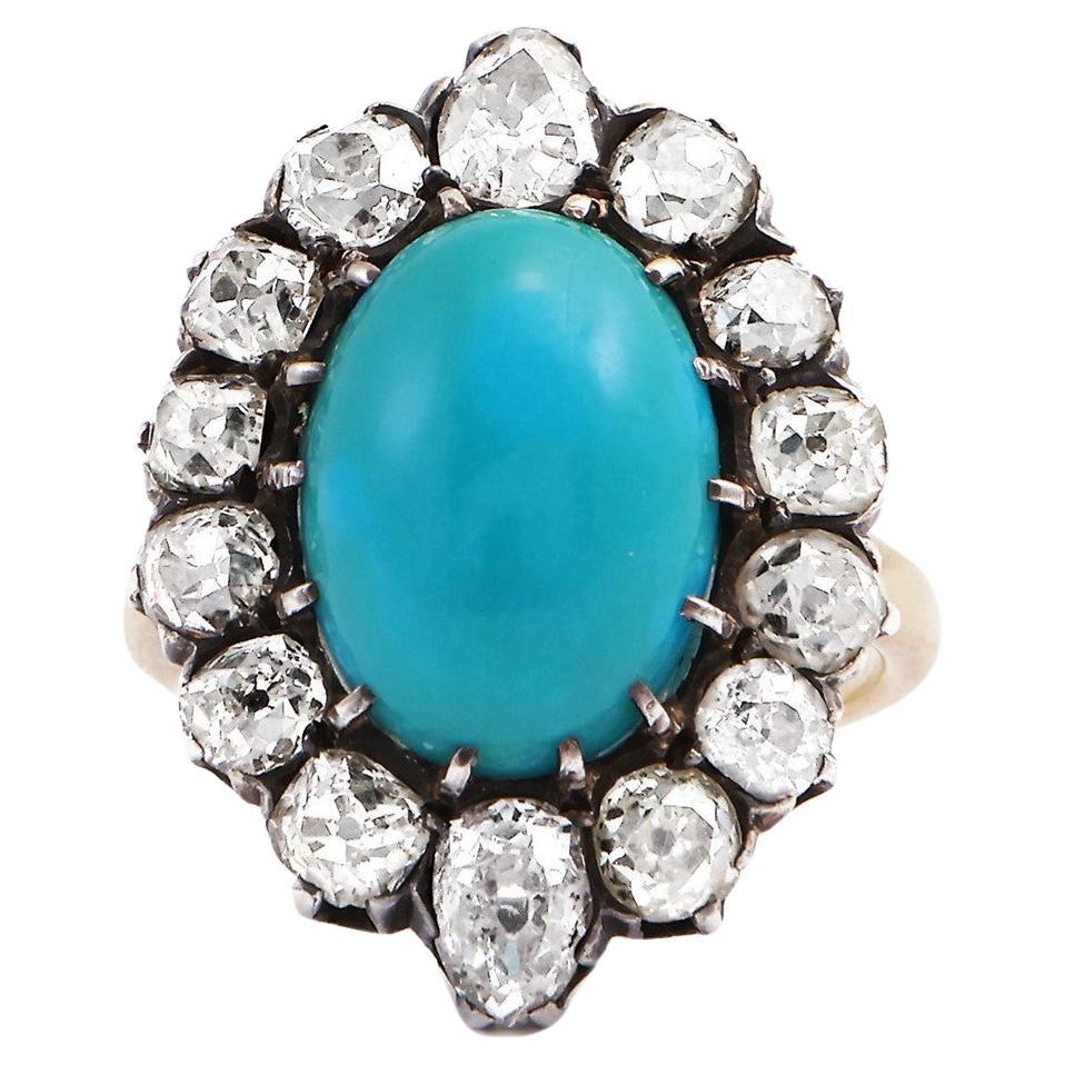 Old European Cut A Victorian Turquoise And Diamond Cluster Ring For Sale