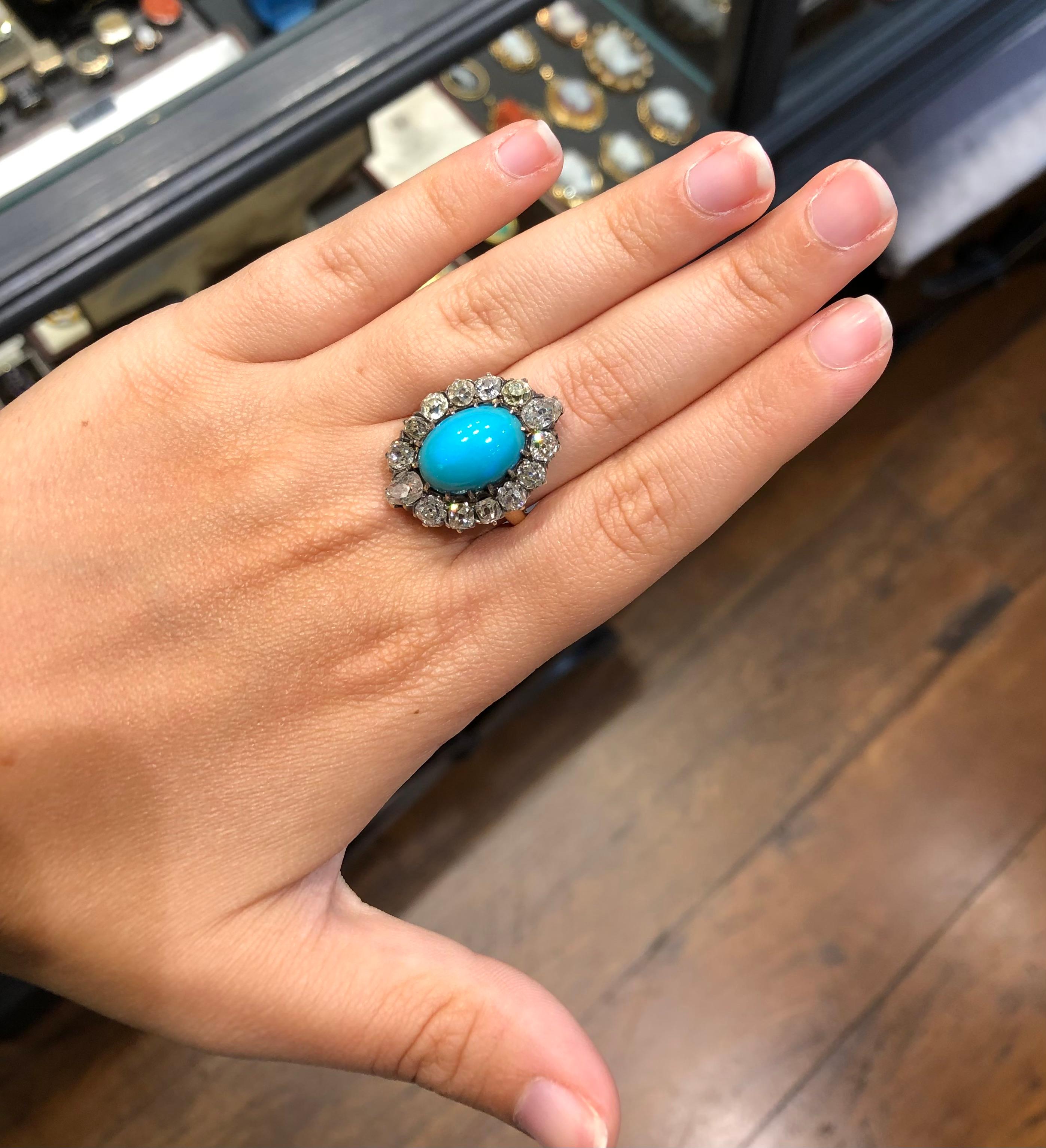 Ein viktorianischer Türkis- und Diamant-Cluster-Ring im Zustand „Hervorragend“ in Firenze, IT