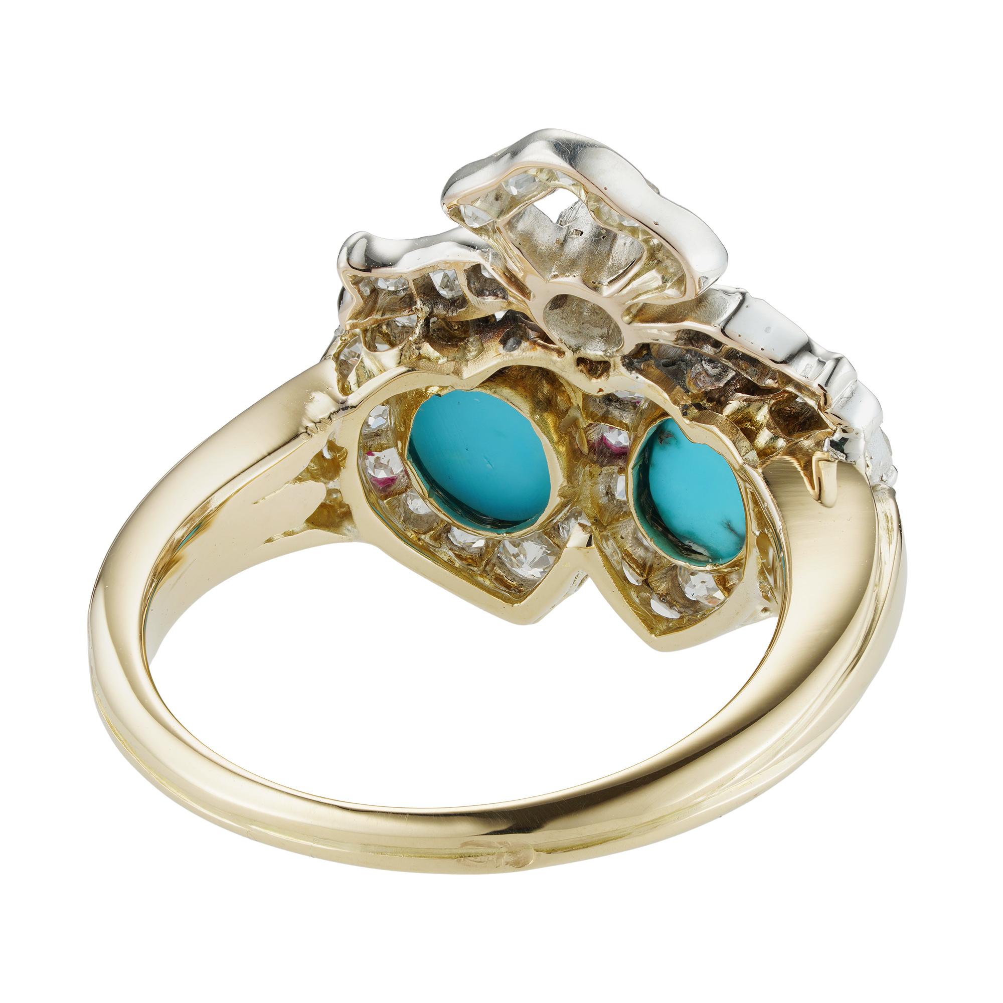 A Victorian turquoise and diamond double heart ring, the two cabochon-cut turquoise each surrounded by an old-cut diamond-set frame, with diamond-set bow top, the diamonds estimated to weigh 0.75 carats in total, all set in silver, to yellow gold