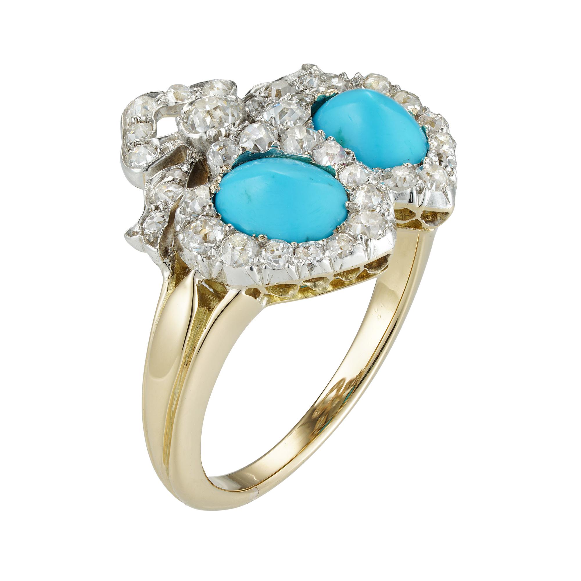 Viktorianischer Doppelherz-Ring mit Türkis und Diamant (Cabochon) im Angebot