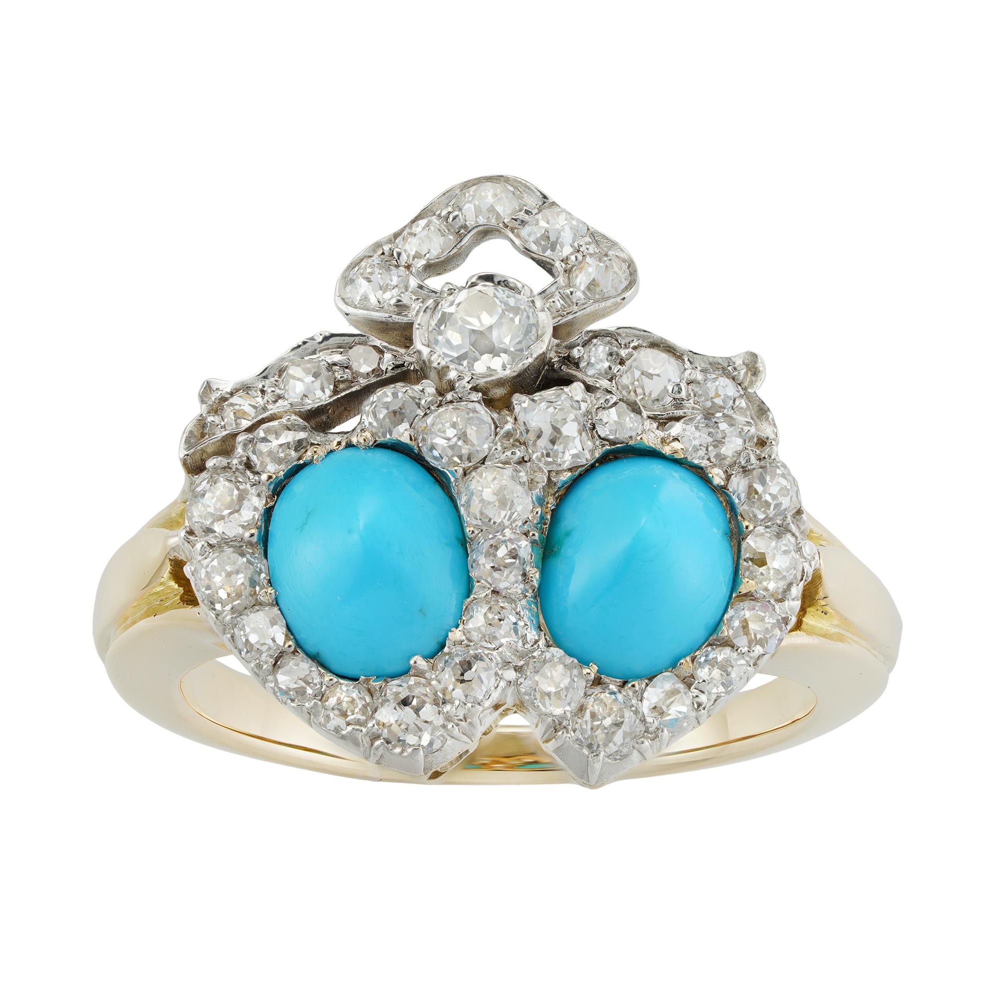 Viktorianischer Doppelherz-Ring mit Türkis und Diamant im Zustand „Gut“ im Angebot in London, GB