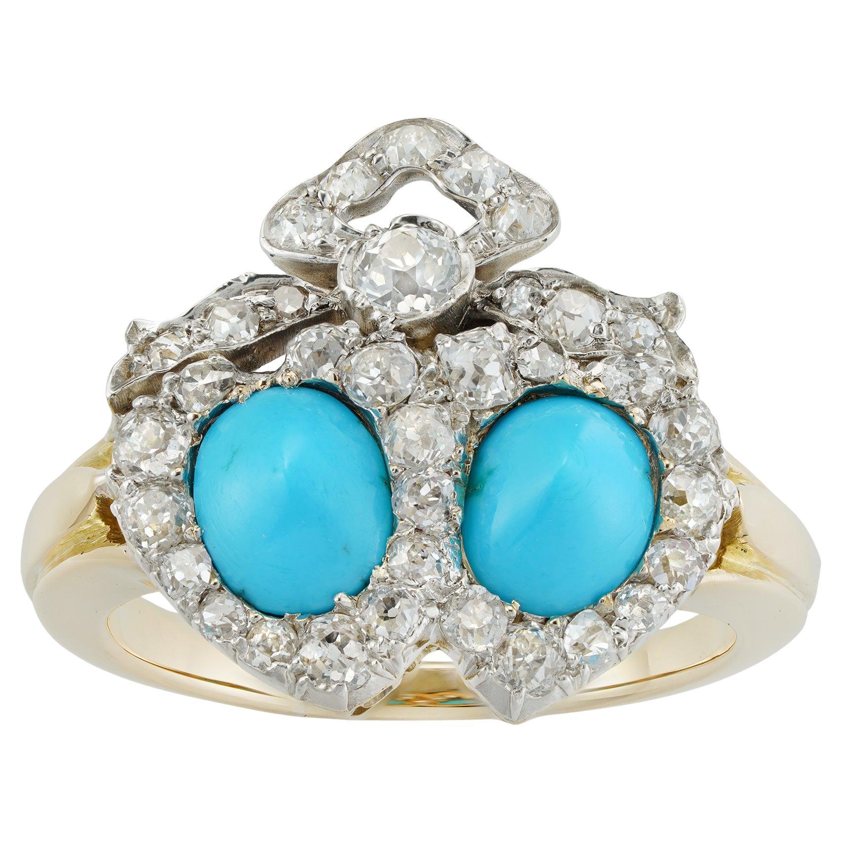 Viktorianischer Doppelherz-Ring mit Türkis und Diamant im Angebot