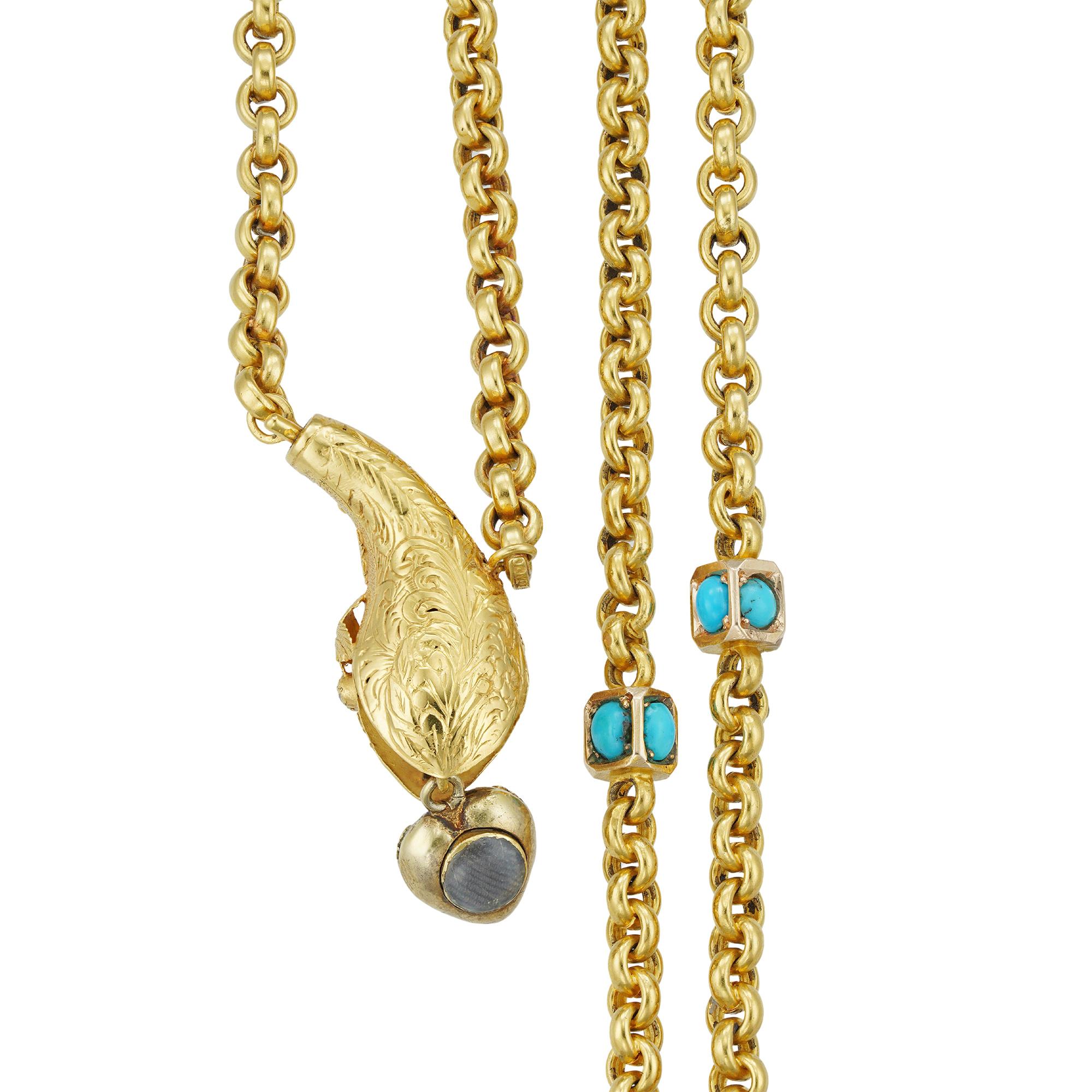 Cabochon Victorian Turquoise and Gold Serpent Chain Necklace For Sale