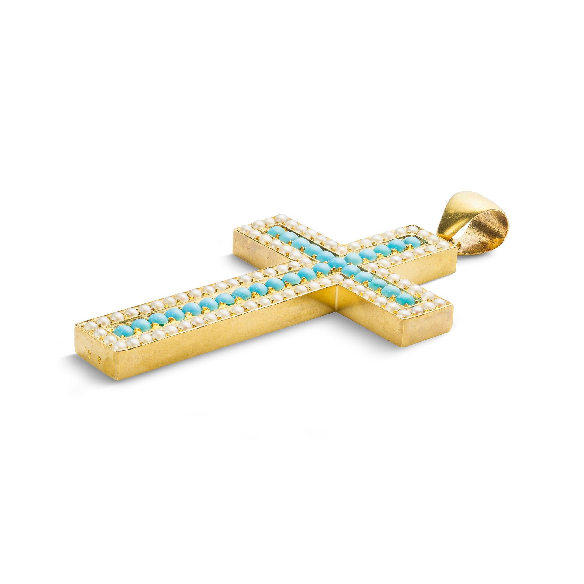 A Victorian turquoise, pearl and yellow gold cross pendant, grain-set with round turquoise cabochons within a border of half pearls, all in a yellow gold mount, circa 1860, bearing later Austrian import mark for 18ct gold, 1965-2001, the cross