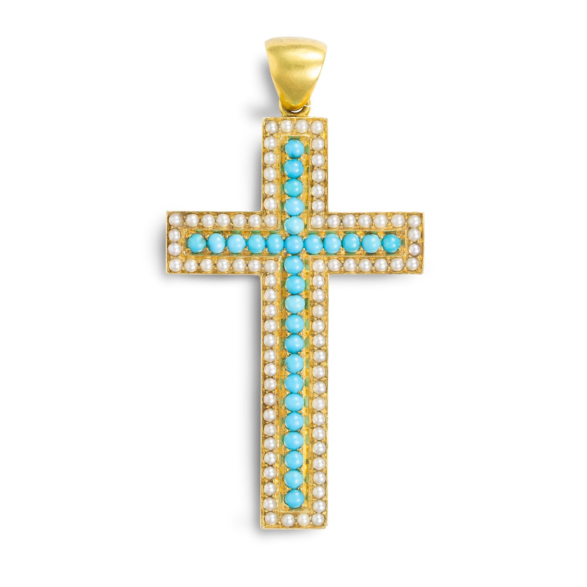 Round Cut Victorian Turquoise, Pearl and Yellow Gold Cross Pendant For Sale