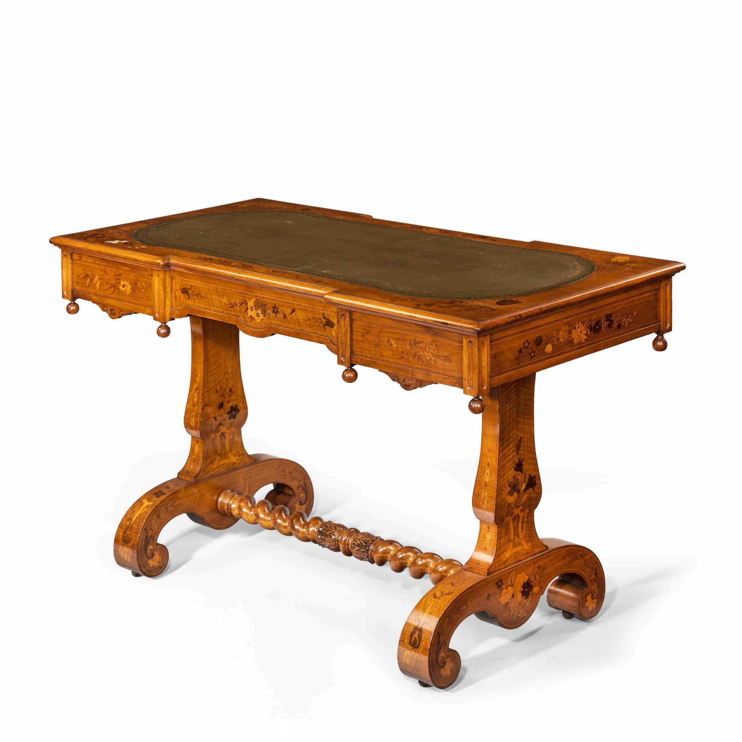 Victorian Walnut Marquetry Writing Table Attributed to Edward Holmes Baldock For Sale 3