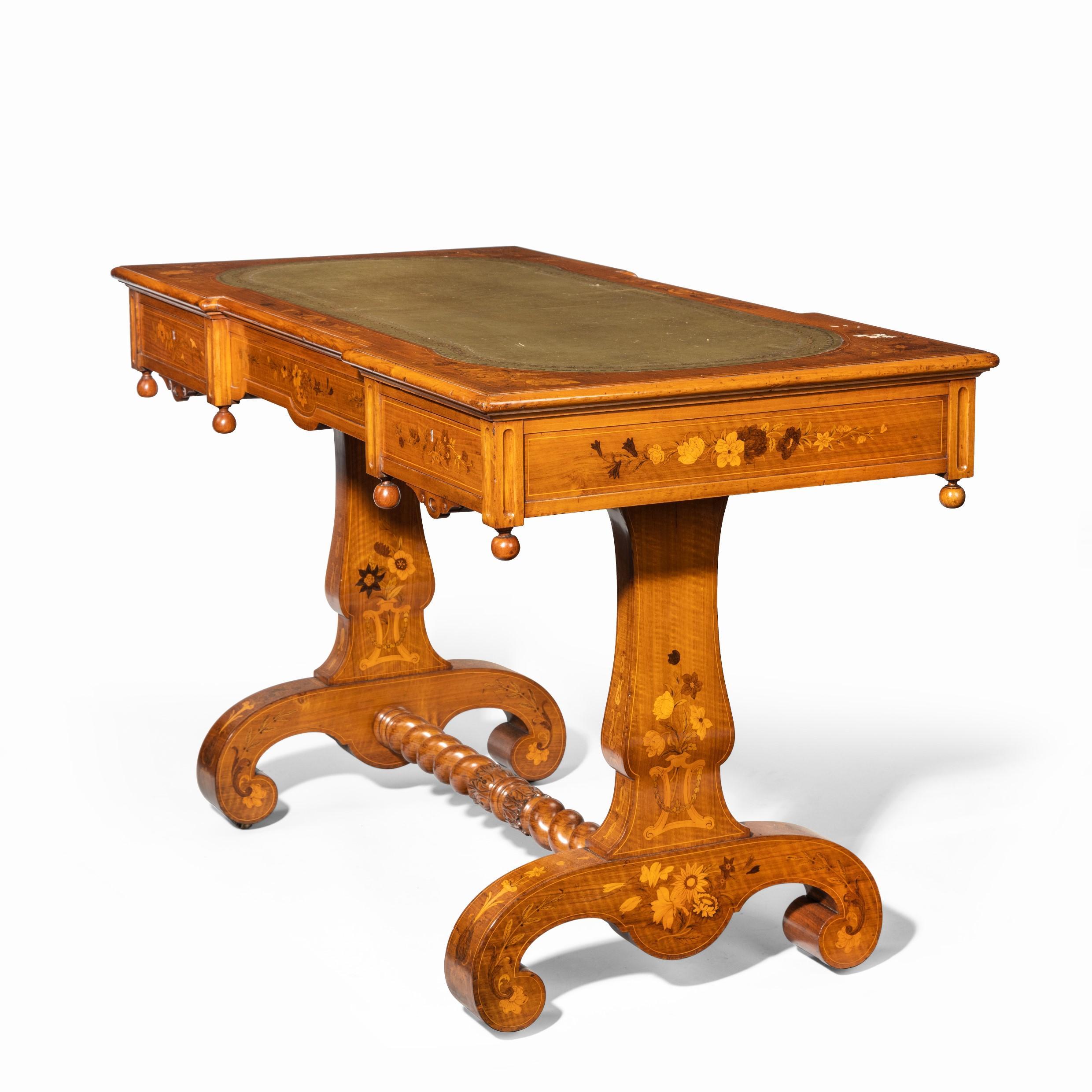 Victorian Walnut Marquetry Writing Table Attributed to Edward Holmes Baldock For Sale 1