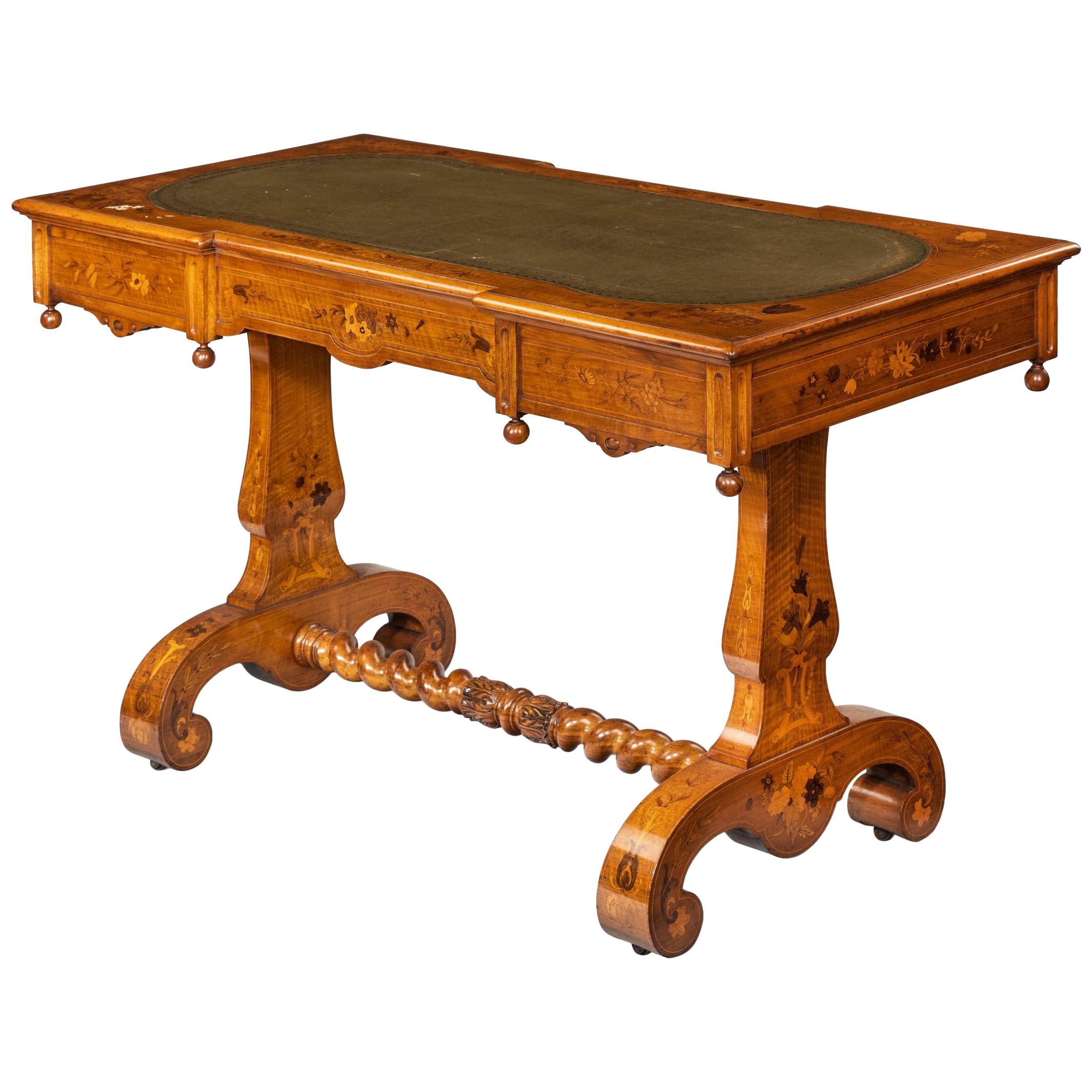 Victorian Walnut Marquetry Writing Table Attributed to Edward Holmes Baldock For Sale