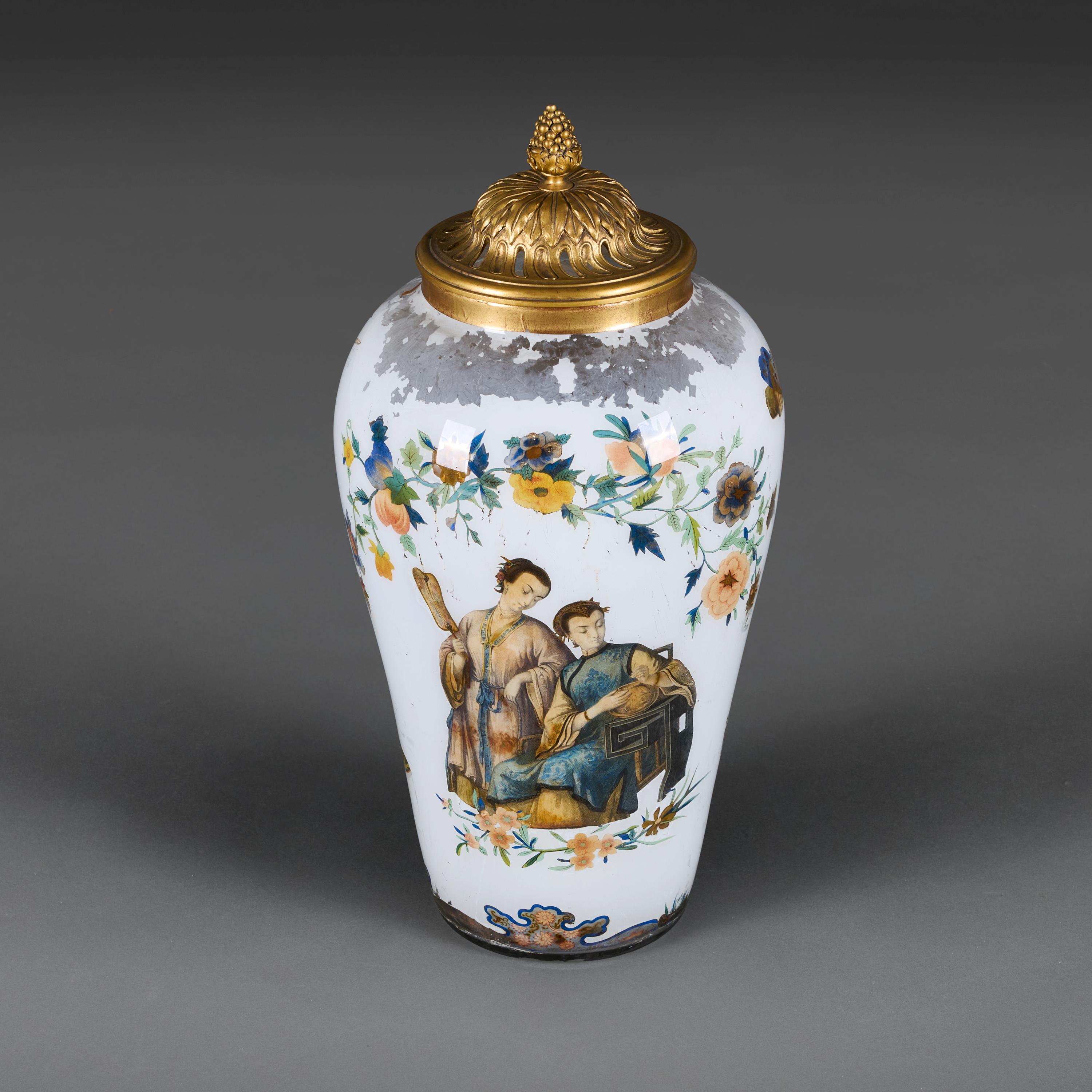 English A Victorian White Decalcomania Vase with Fire Gilt Lid For Sale