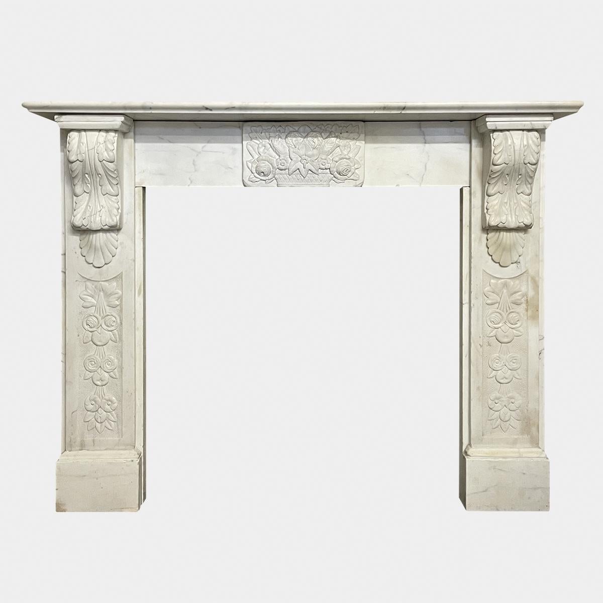 English Victorian White Marble Carved Corbel Fireplace Mantel