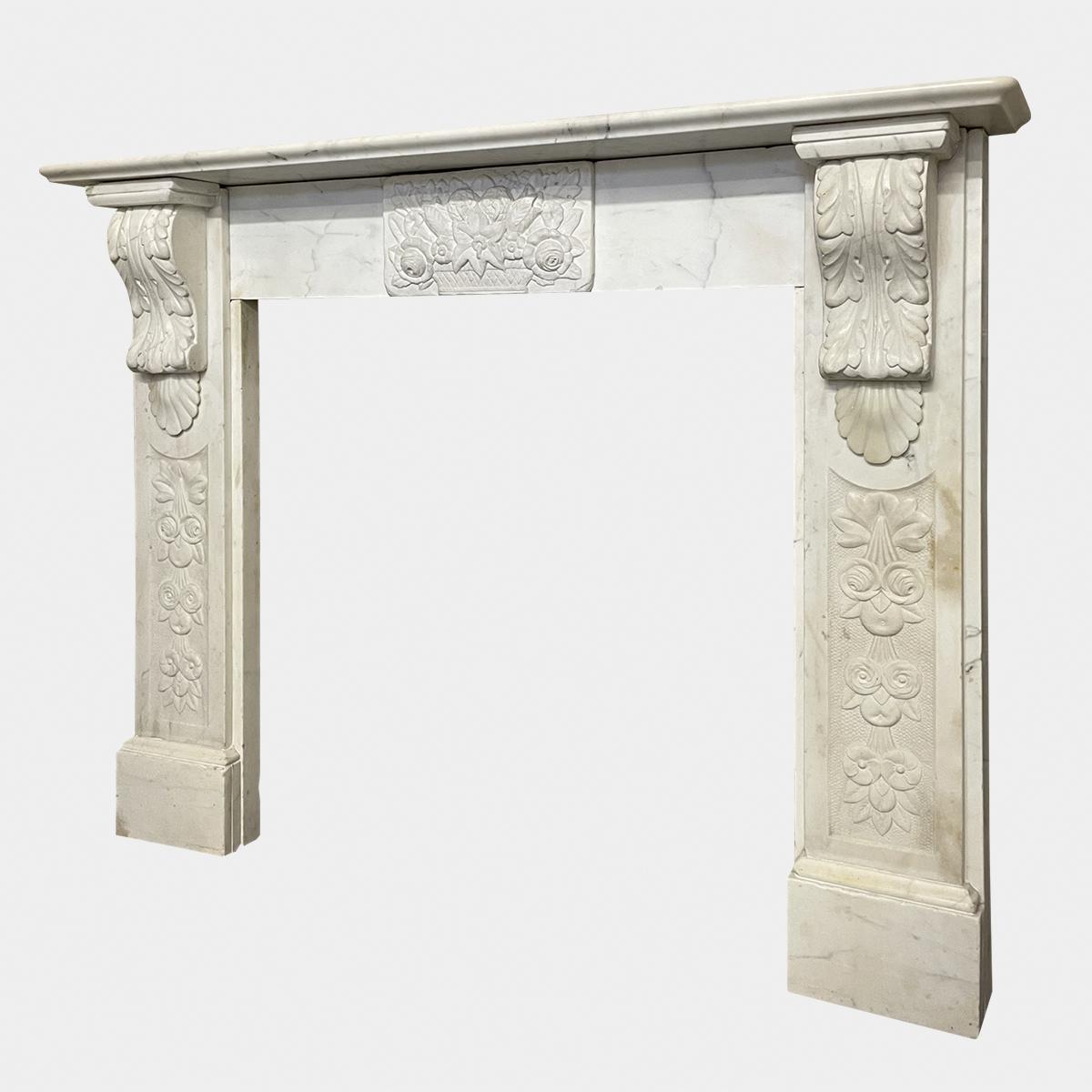 Mid-19th Century Victorian White Marble Carved Corbel Fireplace Mantel